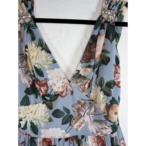Floral V-Neck Maxi Dress Sleeveless Crystal Brooch Dusty Blue Formal NWT sz 4 - Picture 6 of 16